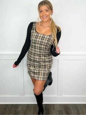 Hem & Thread Black and Cream Plaid Square-Neck Mini Dress